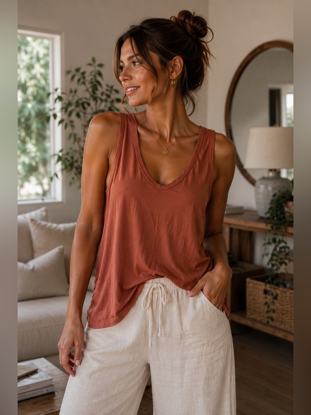 Wishlist Orange Brown Relaxed Knit Tank Top L Casual Classic Everyday